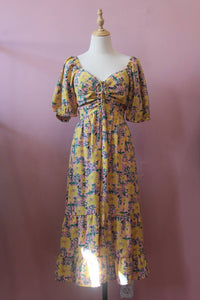 voy Women's Puff Sleeve Midi Print Dress in yellow - women's dress
