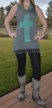 LHTX Cross & Fringe Dress in grey multi - women's dress - alternate view