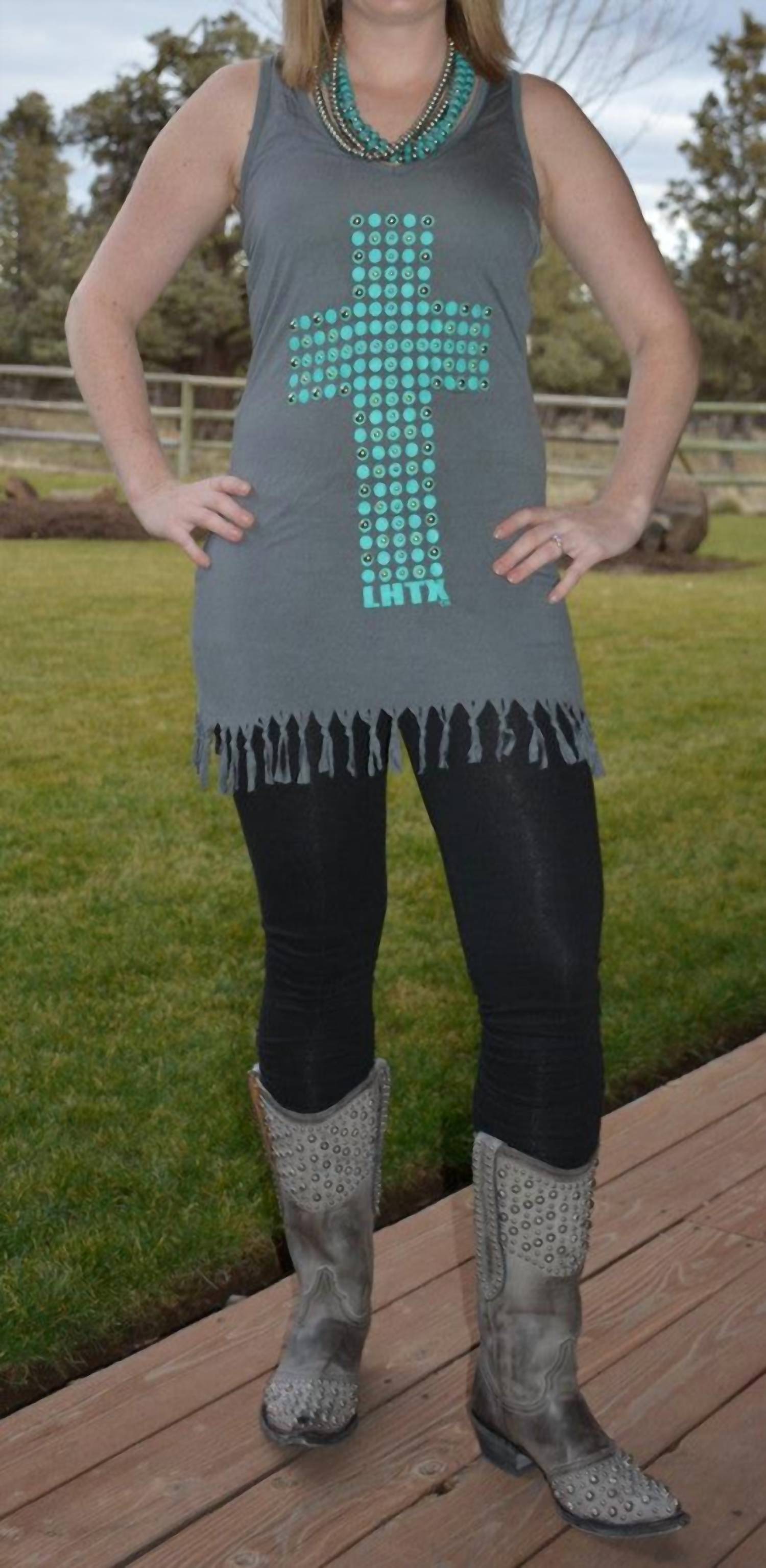 LHTX Cross & Fringe Dress in grey multi - women's dress - alternate view