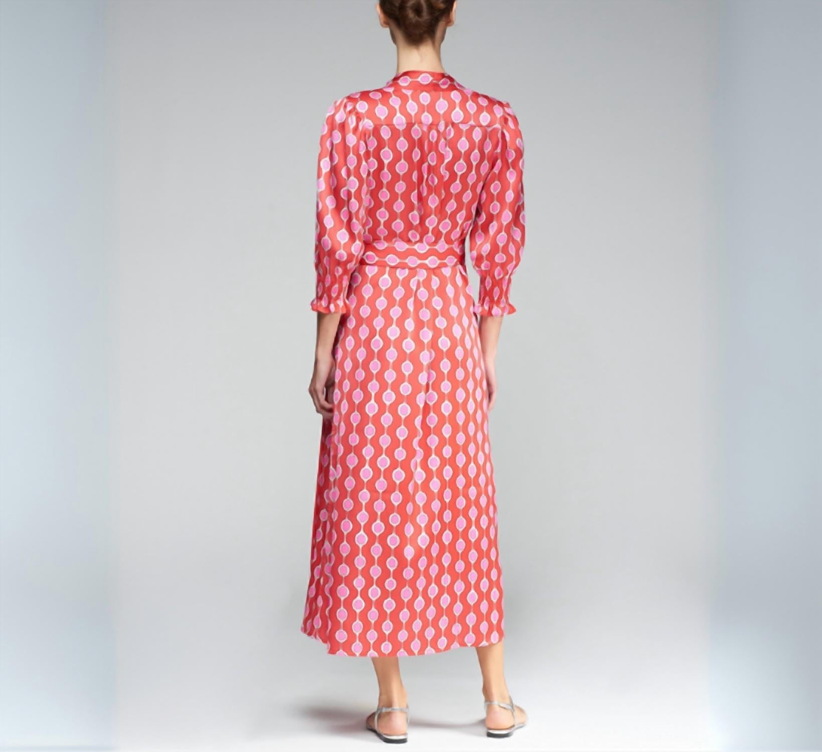 Vilagallo Printed Midi Wrap Dress in red and pink - women's dress - detail view