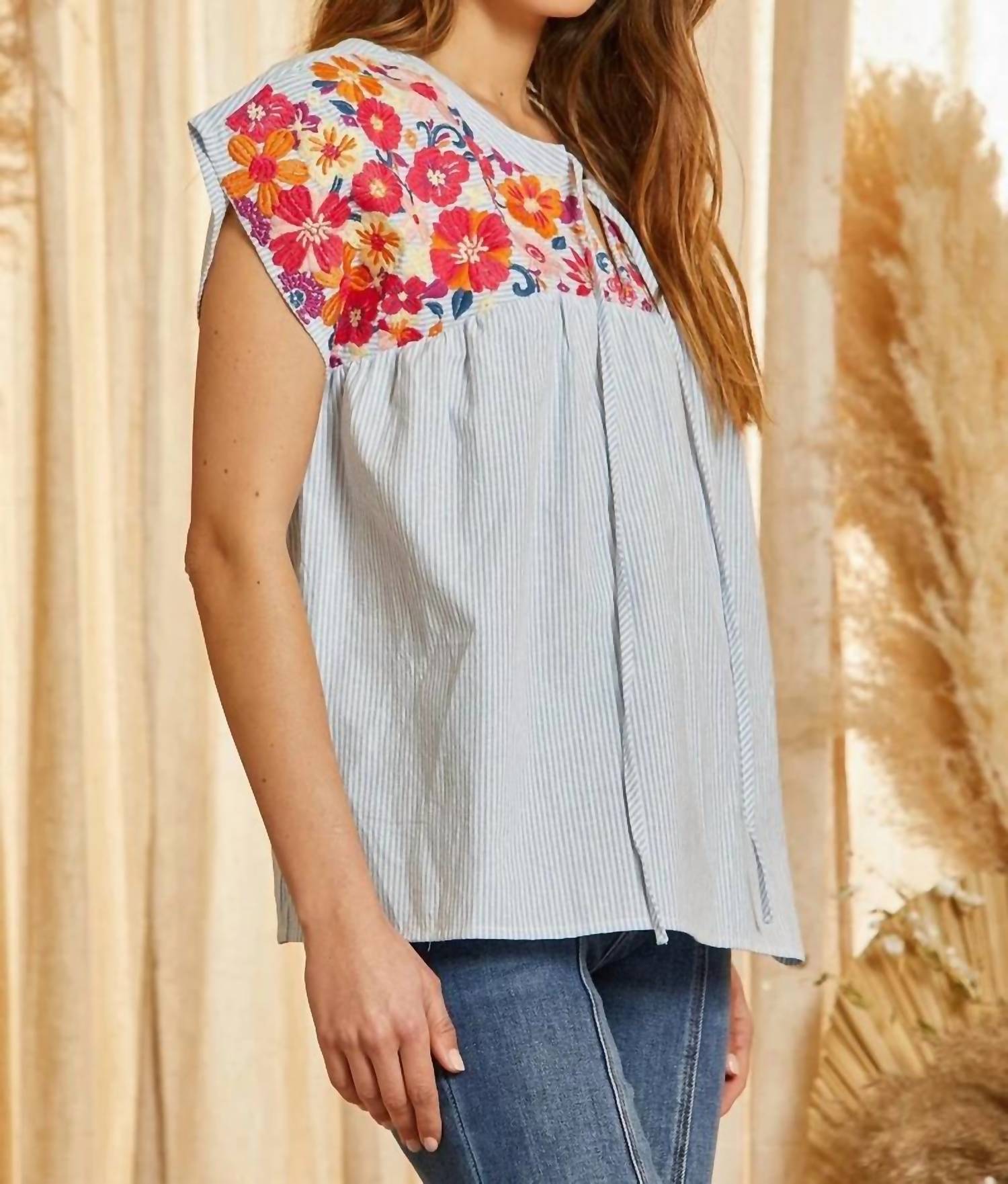 Andree By Unit - Striped Babydoll Embroidered Top