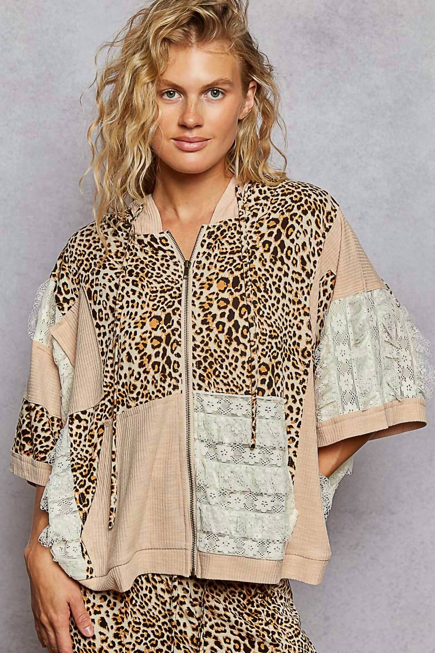 Pol - Oversized Fit Lace Patch Zip Up Hoodie