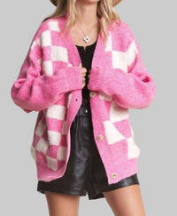 Madelyn Puff Checker Sweater Cardigan - Plus in fuchsia - women's cardigan