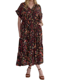 Entro - Satin V-neck Collared Midi Dress - Plus