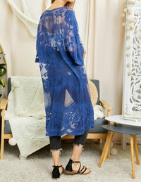 DAVI & DANI Boho Sheer Lace Duster Cardigan in denim blue - women's cardigan - view 4