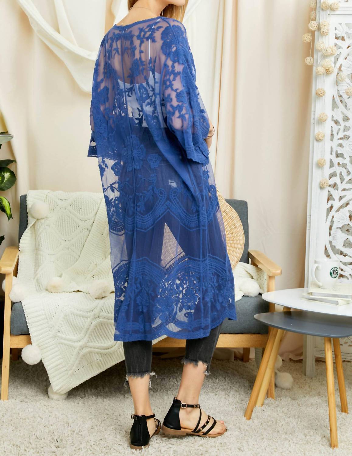 DAVI & DANI Boho Sheer Lace Duster Cardigan in denim blue - women's cardigan - view 4