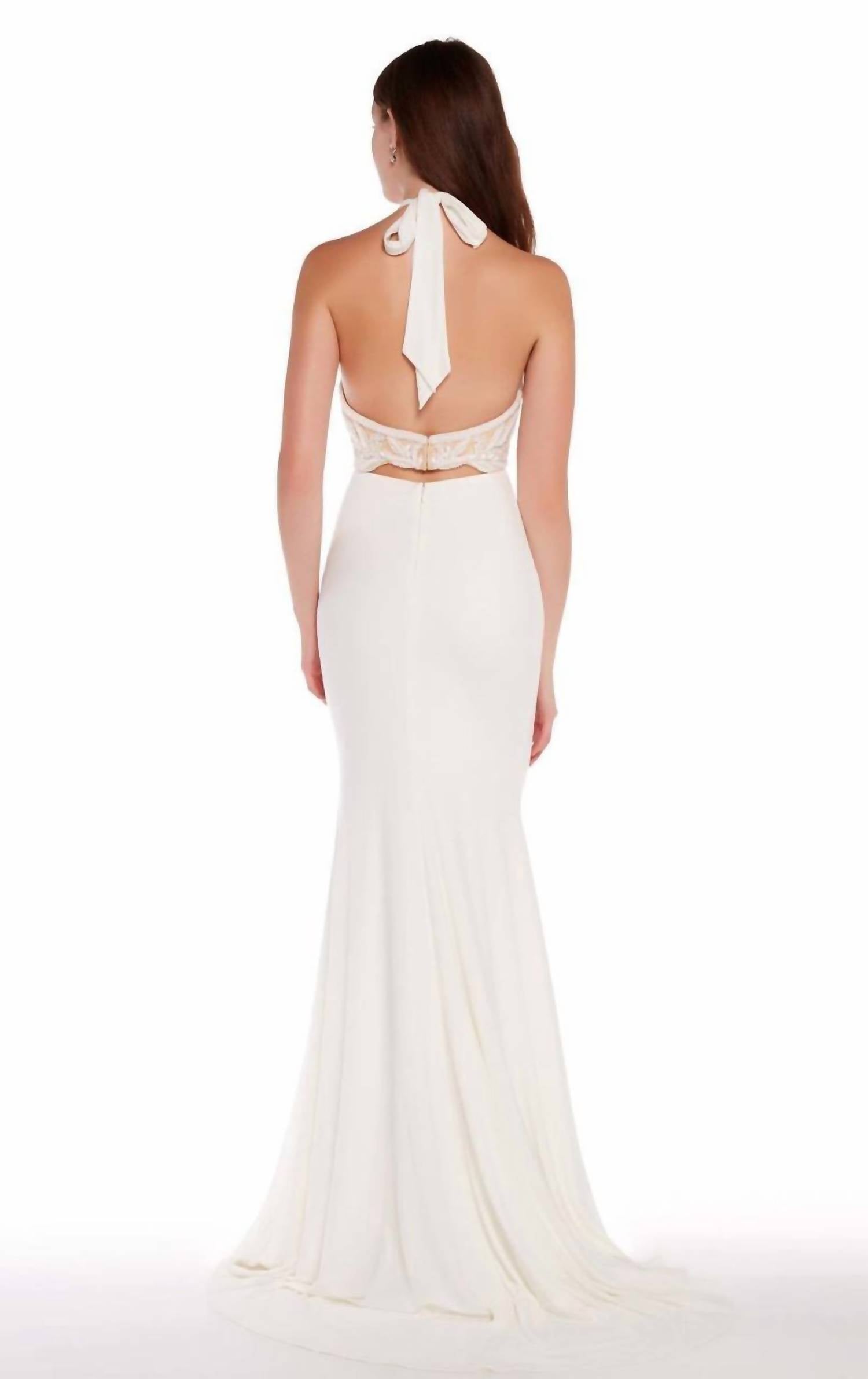 ALYCE PARIS Two Piece Halter Neck Embroidered Long Gown in white nude - women's dress - detail view