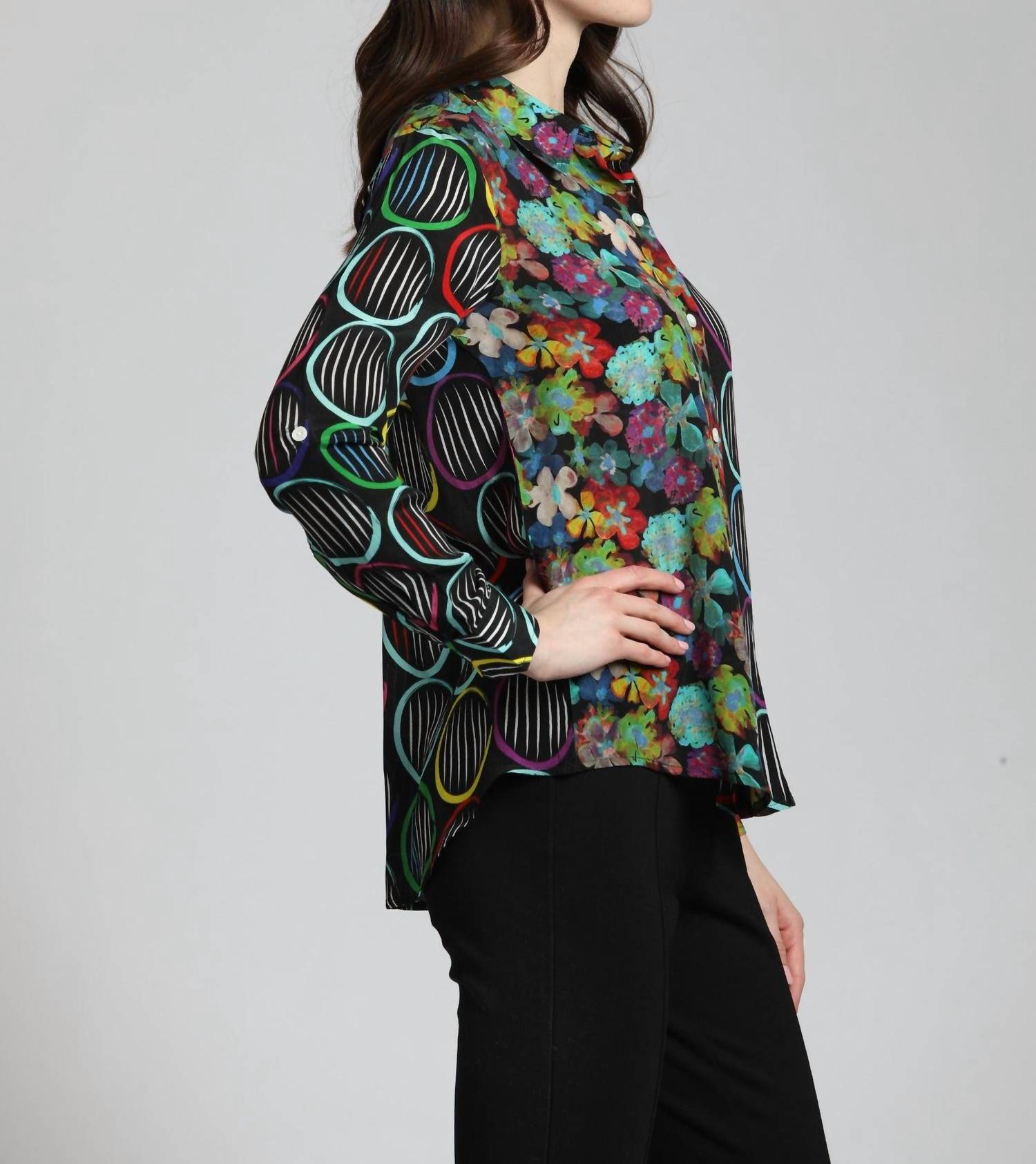 Apny - Mixed Pattern Printed Button-Up Blouse