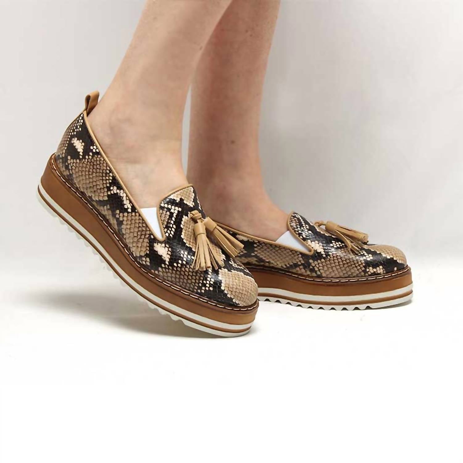 Michele Lopriore Women's Cassidy Snakeskin Platform Loafers in cream brown - women's flats - view 4