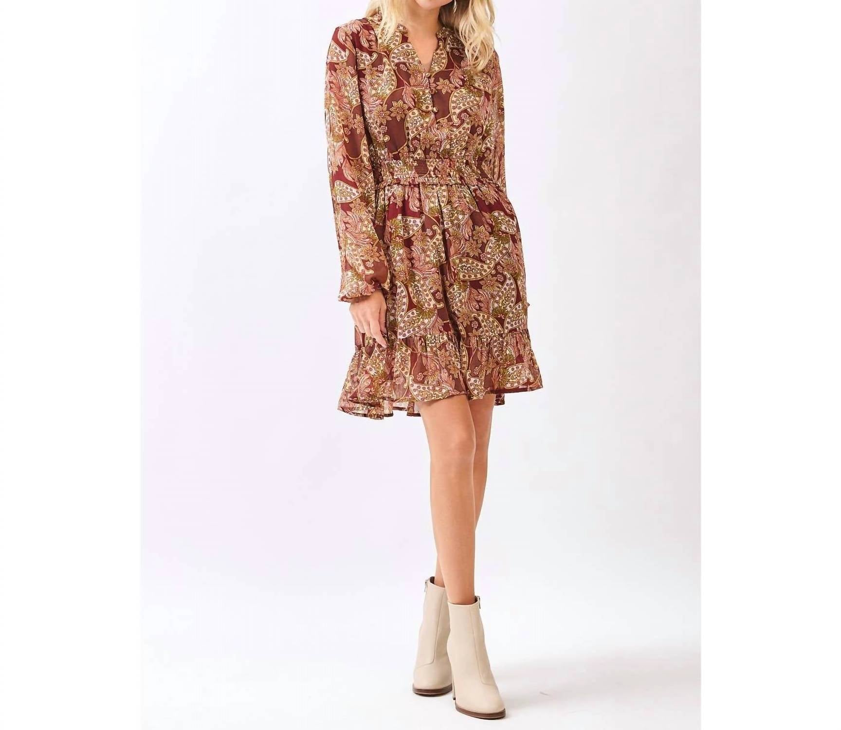 Mittoshop - BOHO PAISLEY PRINT SMOCKED WAIST RUFFLE MINI DRESS