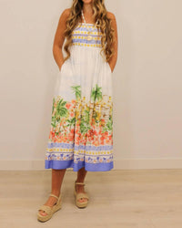 Skies Are Blue - Talli Tropical Scenic Print Sleeveless Midi Dress
