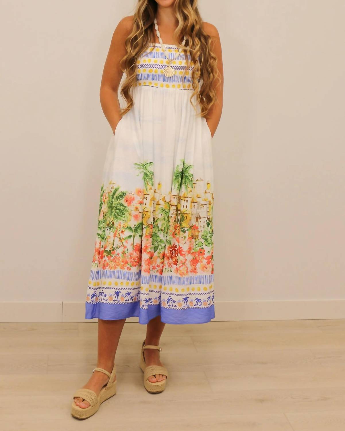 Skies Are Blue - Talli Tropical Scenic Print Sleeveless Midi Dress