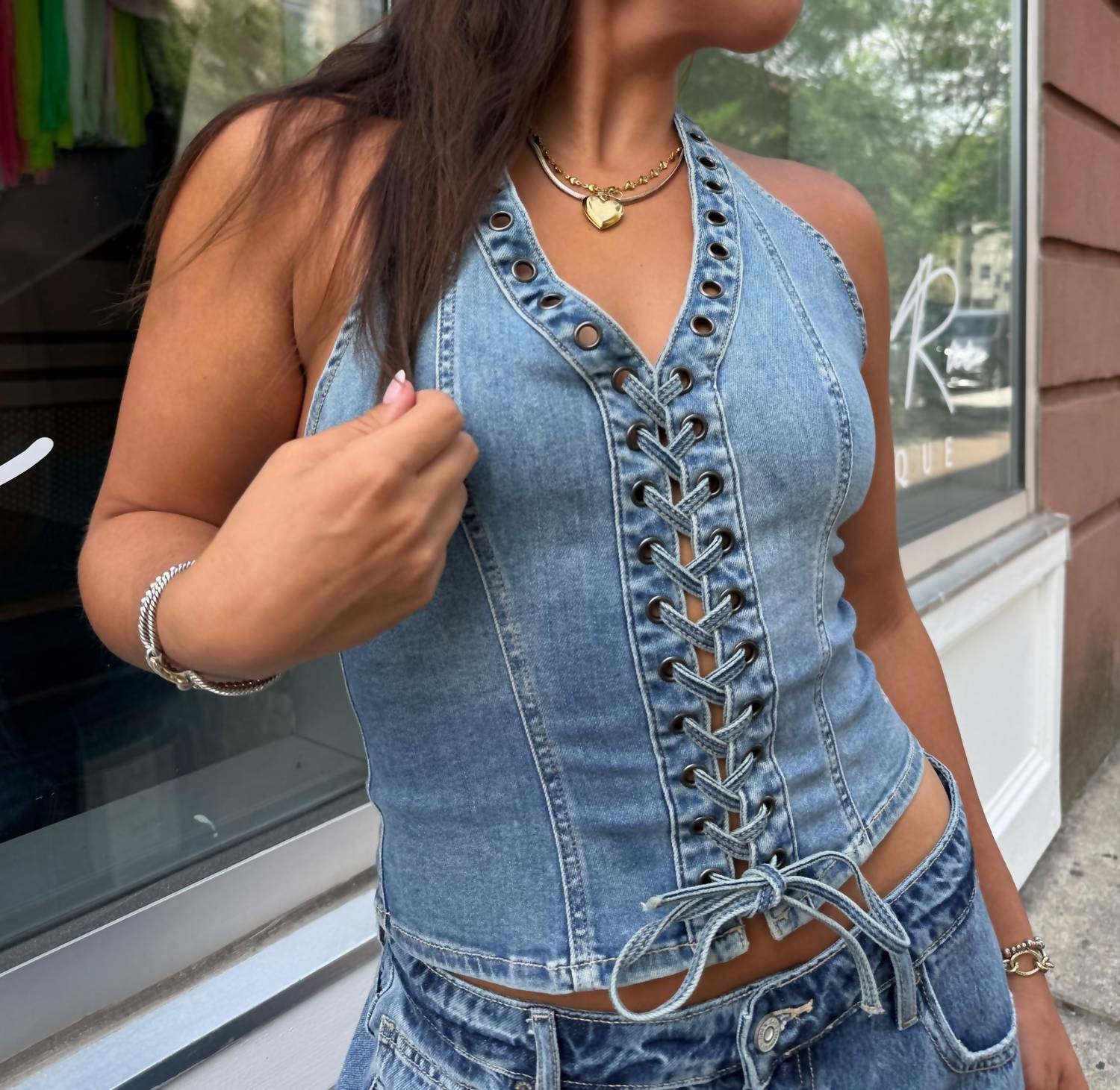 Hidden - Lace Up Denim Halter Top