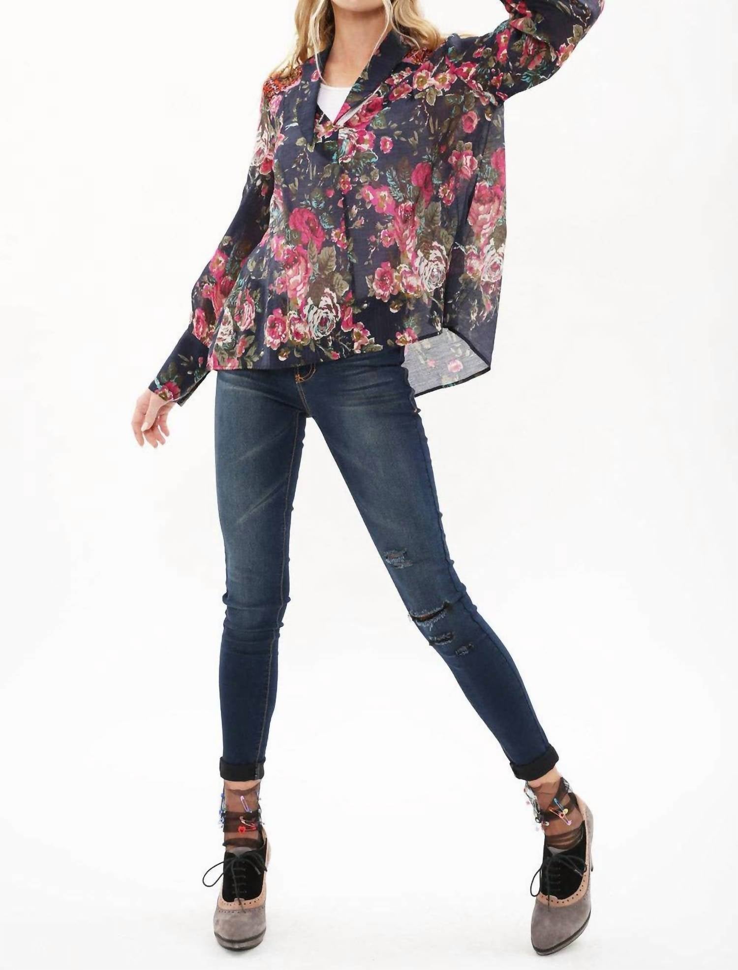 Aratta Diana Top in dark blue with red floral - women's blouse - view 5