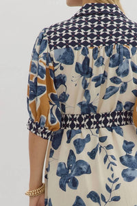 Entro - Botanical Midi Shirt Dress With Tie Waist