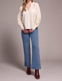 Tribal - Jaquard Appliqué Sleeve Notch Neck Blouse