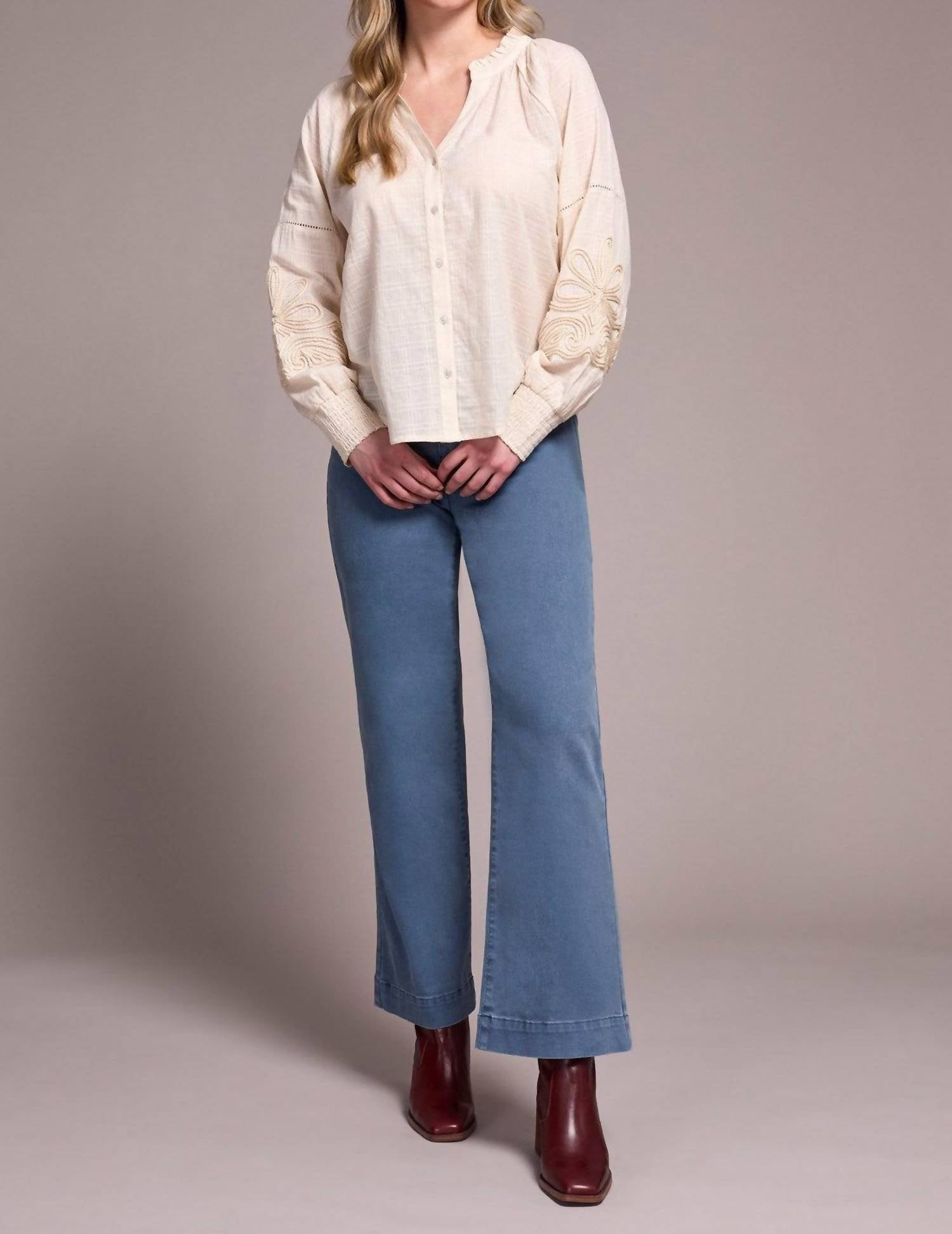 Tribal - Jaquard Appliqué Sleeve Notch Neck Blouse