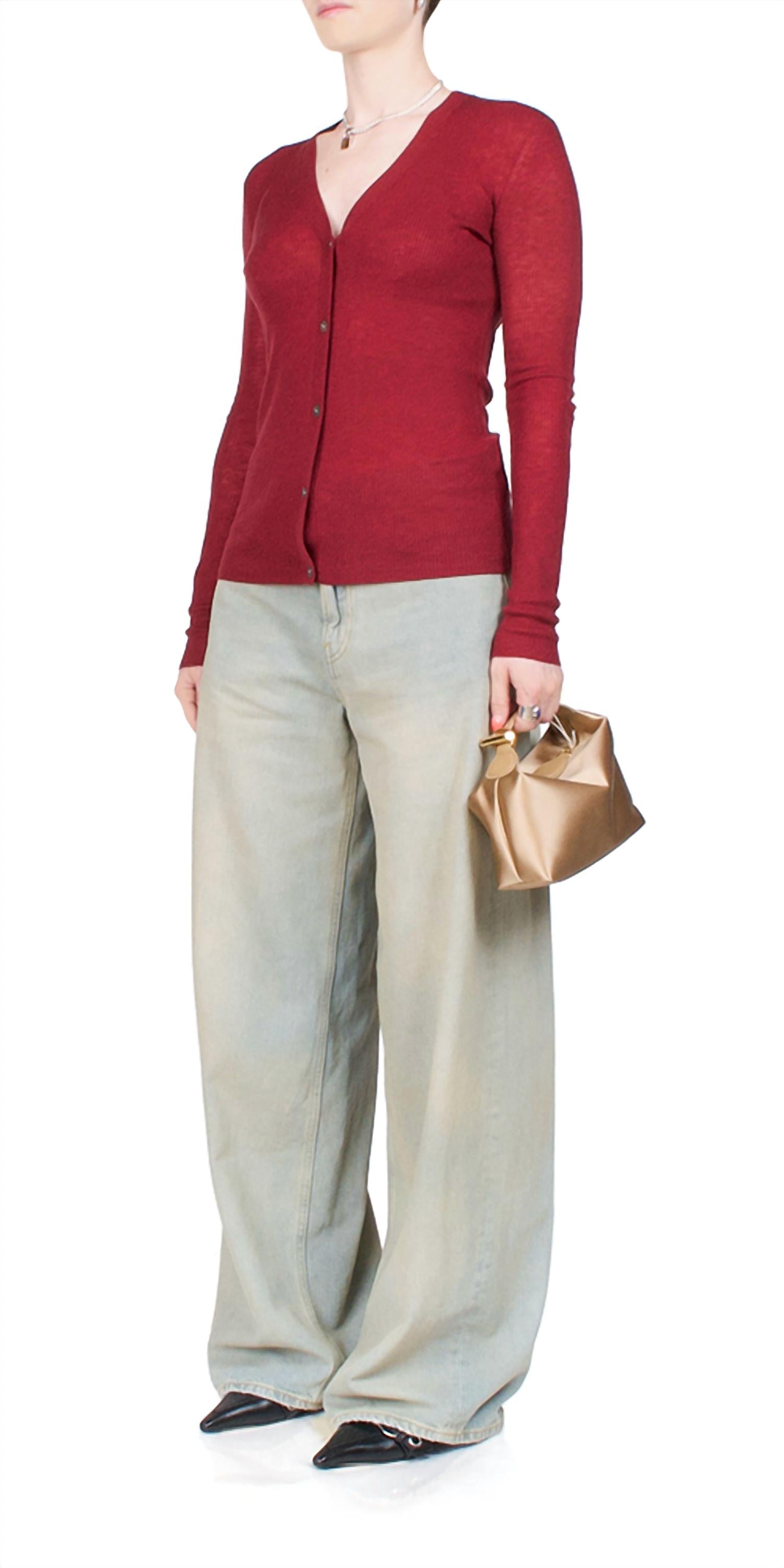 6397 Skinny Rib V Cardigan in wine - women's cardigan - alternate view