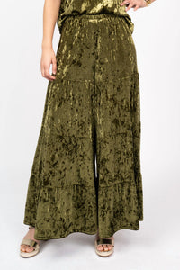 Ivy Jane Tiered Velvet Pant in olive - women's pants