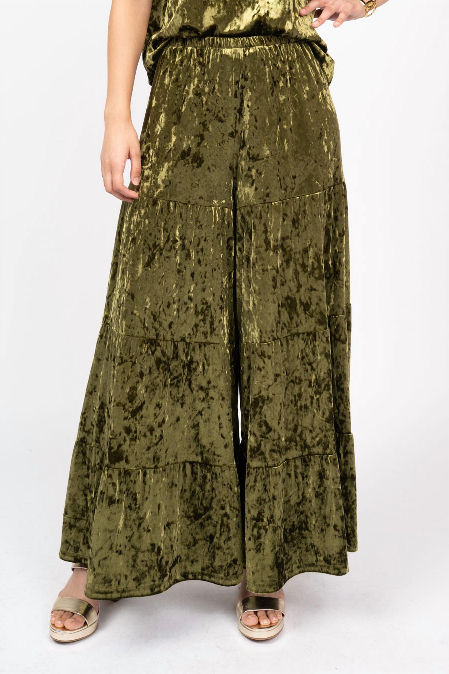 Ivy Jane Tiered Velvet Pant in olive - women's pants