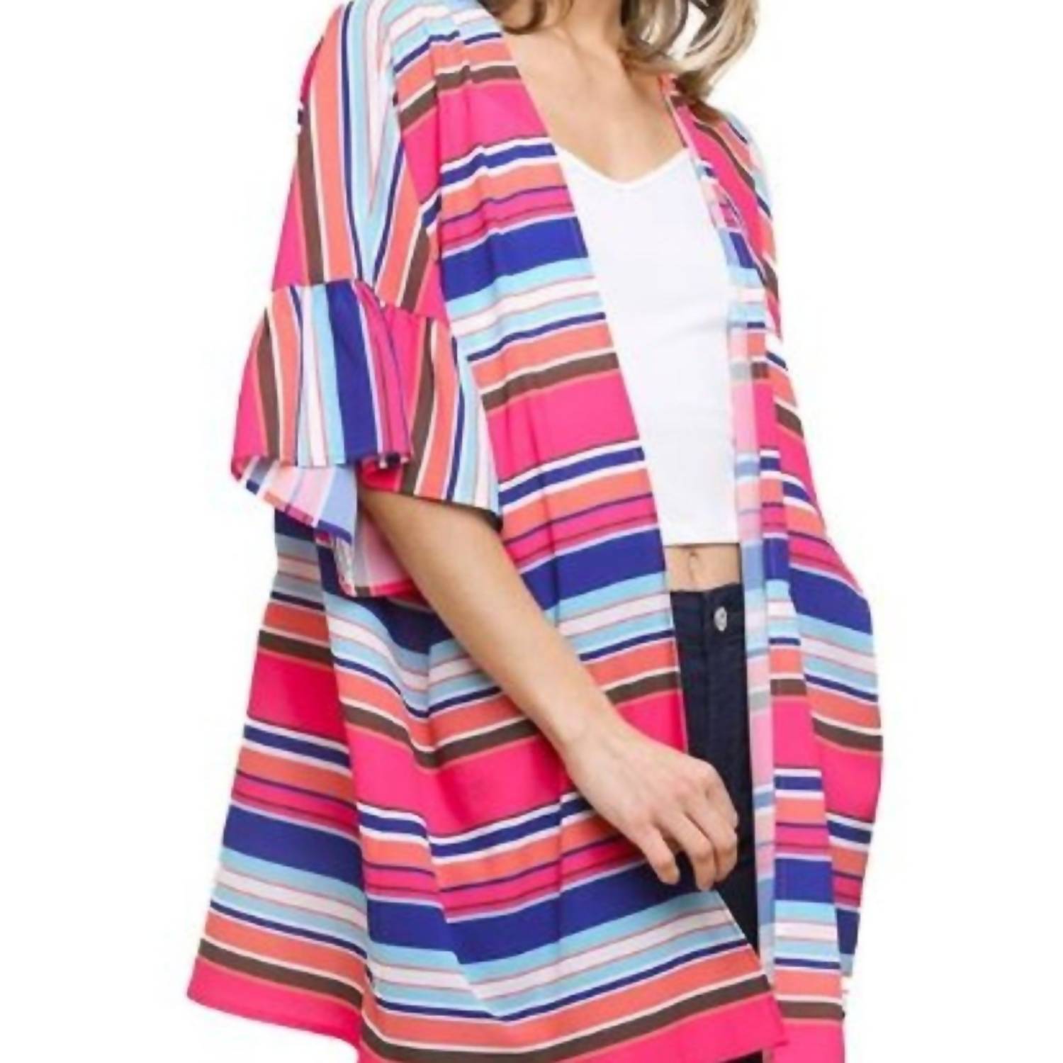Umgee - Ruffle Sleeve Bright Striped Kimono