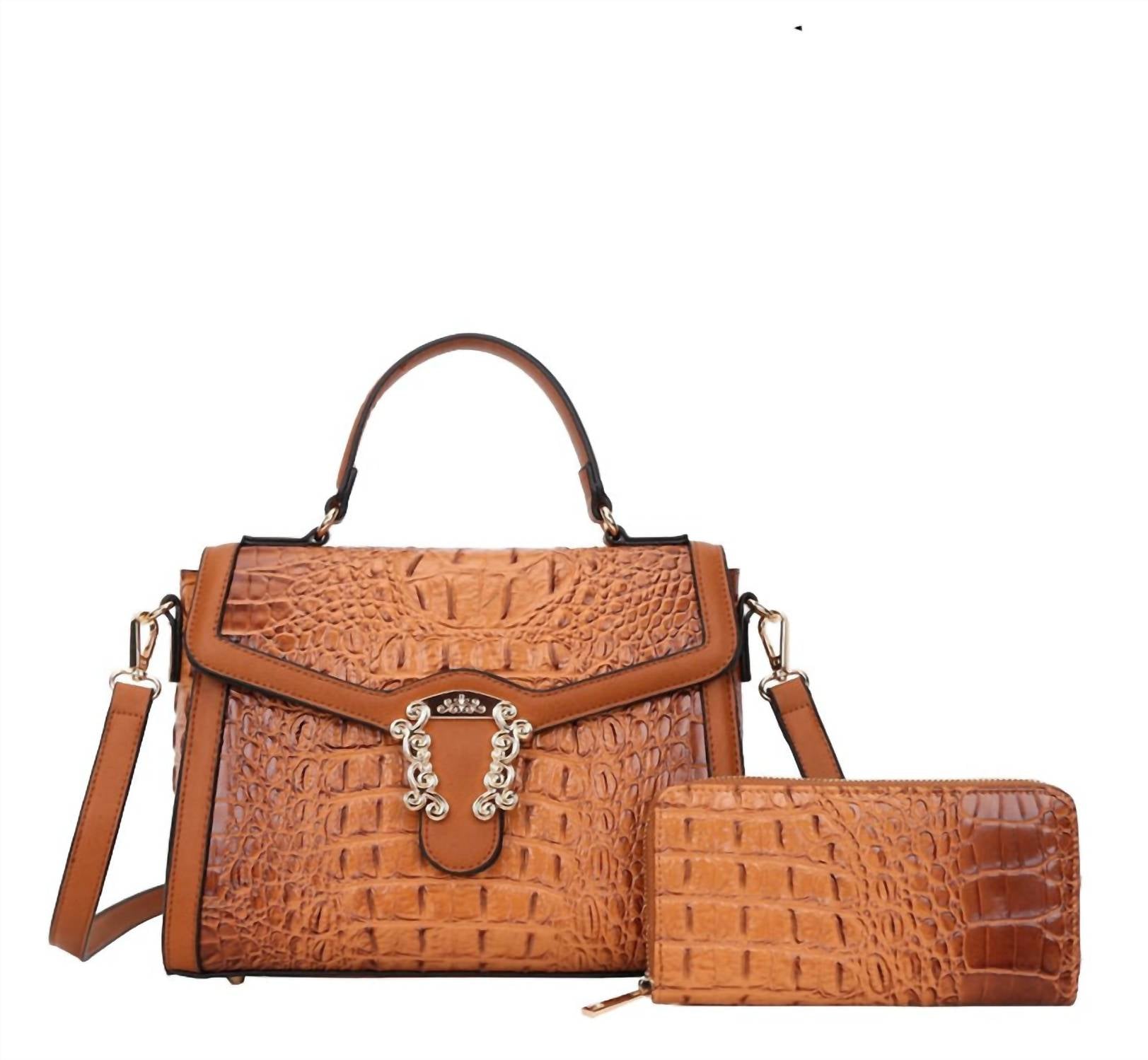 American Bee Women's Crocodile Buckeled Satchel Set in brown - women's bag