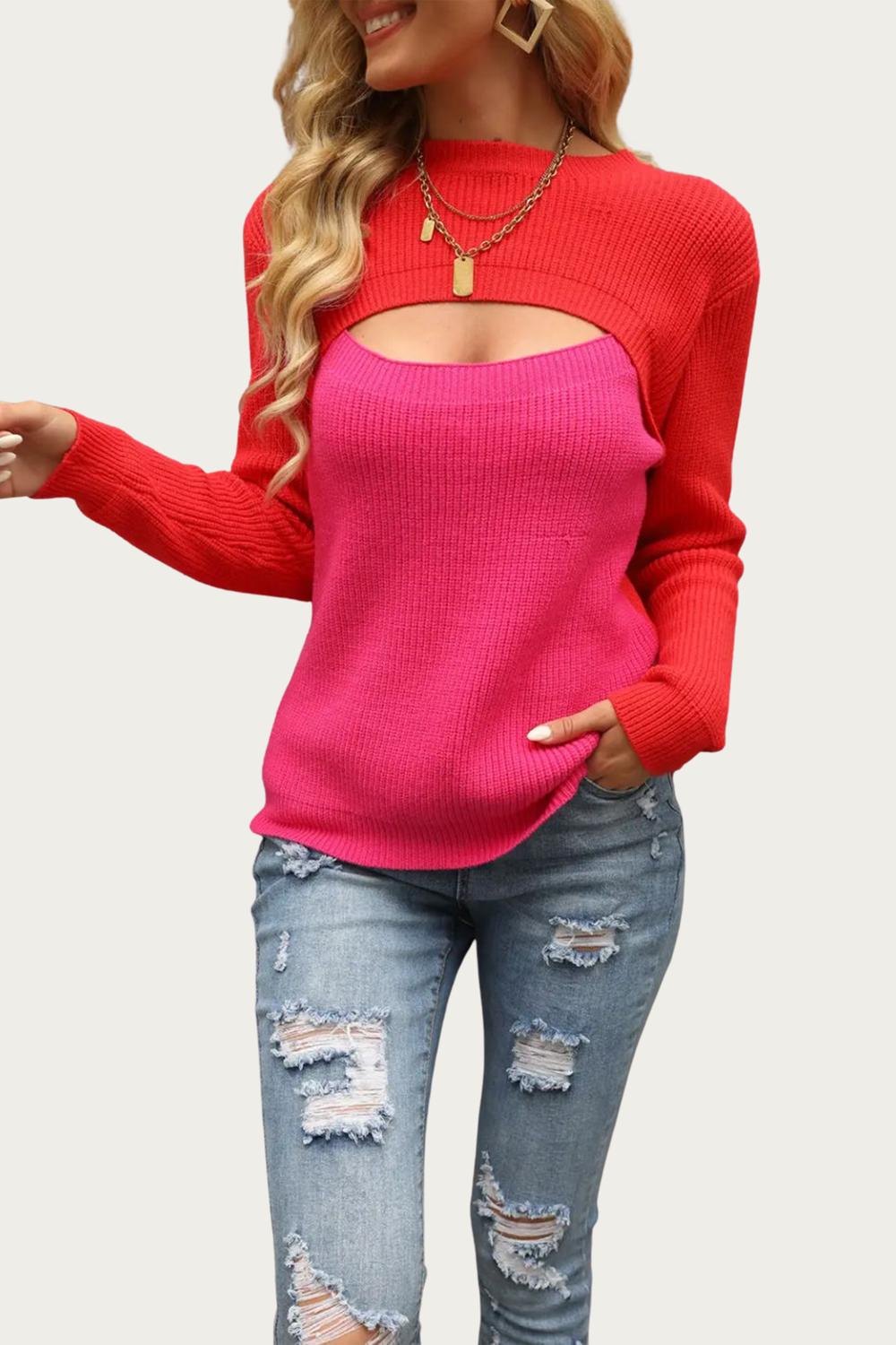 Epretty - TWO-TONE COLORBLOCK CUTOUT SWEATER