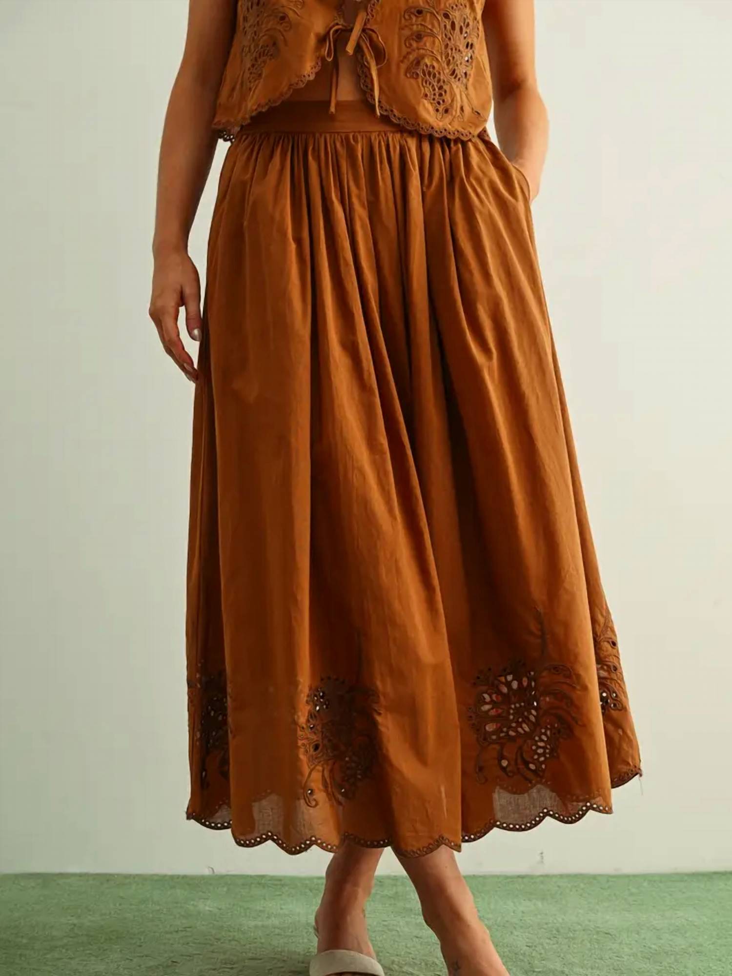 Miou Muse - Embroidery Bottom Long Full Maxi Skirt