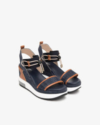NeroGiardini Women's Utility Wedge Sandal With Straps in jeans - women's shoe - detail view