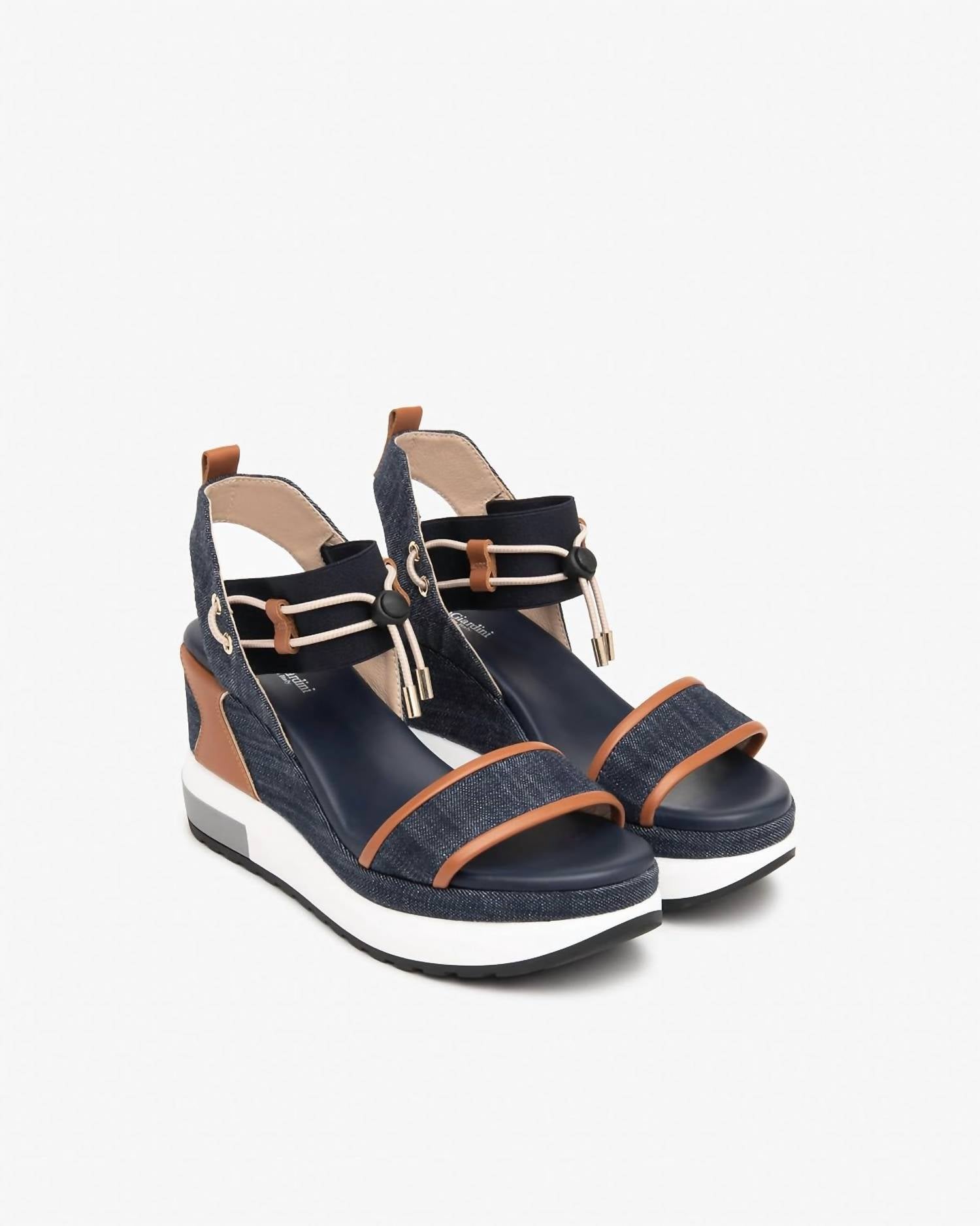 NeroGiardini Women's Utility Wedge Sandal With Straps in jeans - women's shoe - detail view