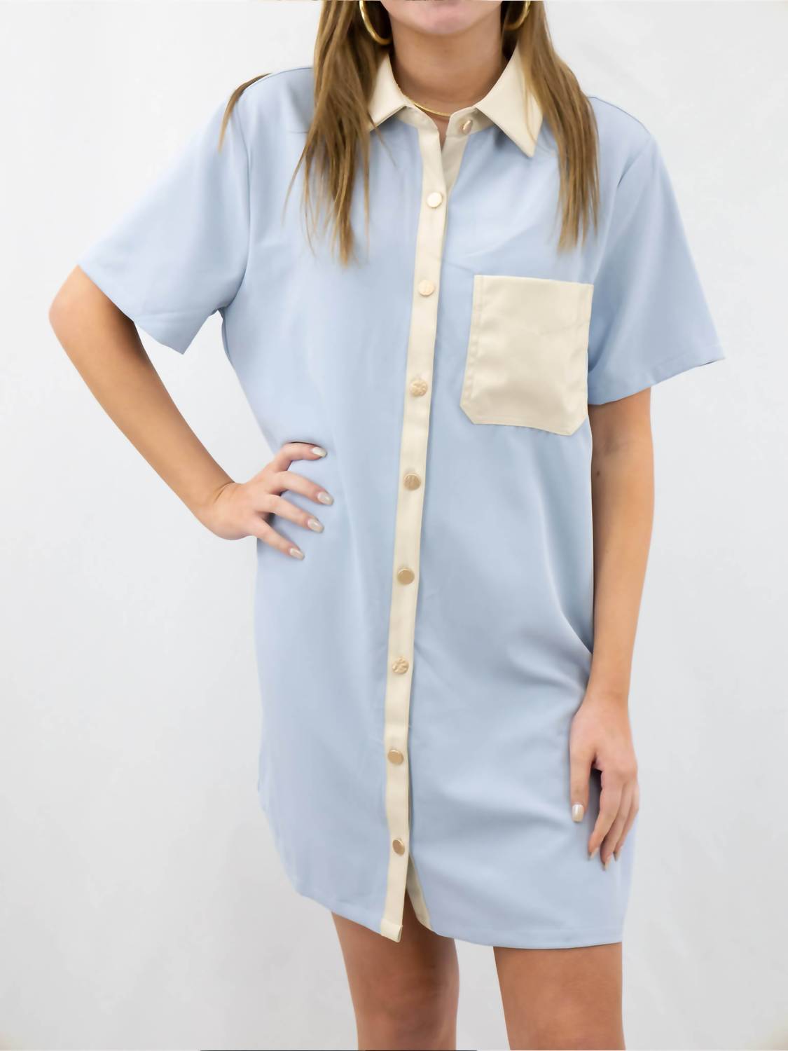 entro Leather Detail Button Up Dress in light blue cream - women's dress