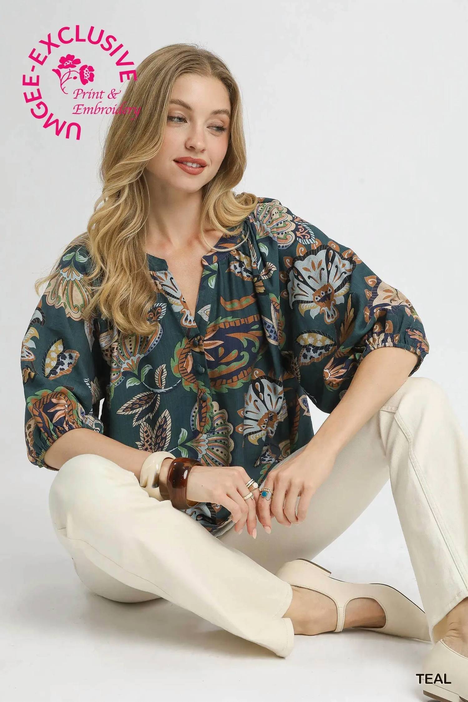 Umgee - Boho Paisley Puff Sleeve Blouse