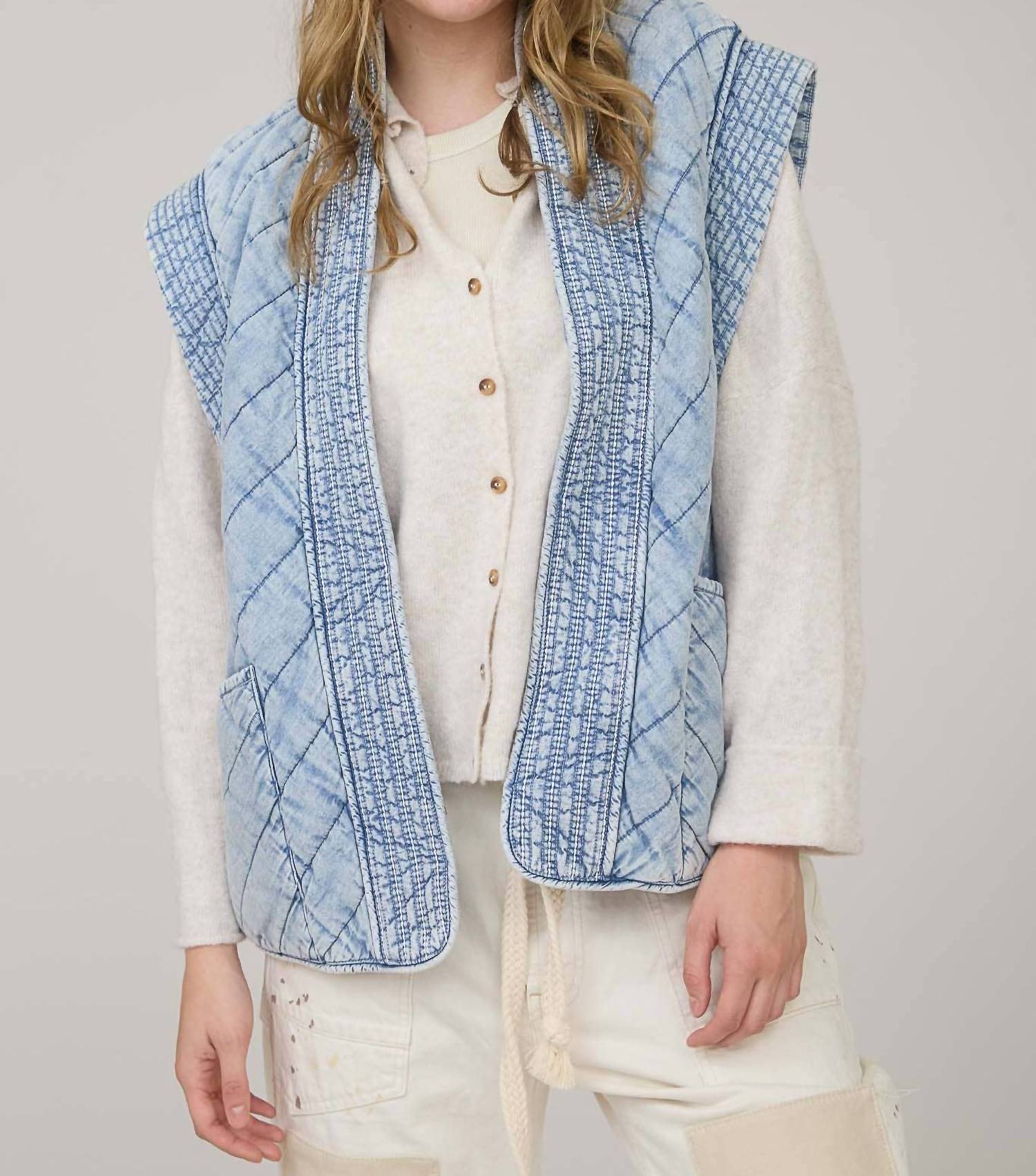 Blu Pepper Quilted Vest in washed denim - women's jacket