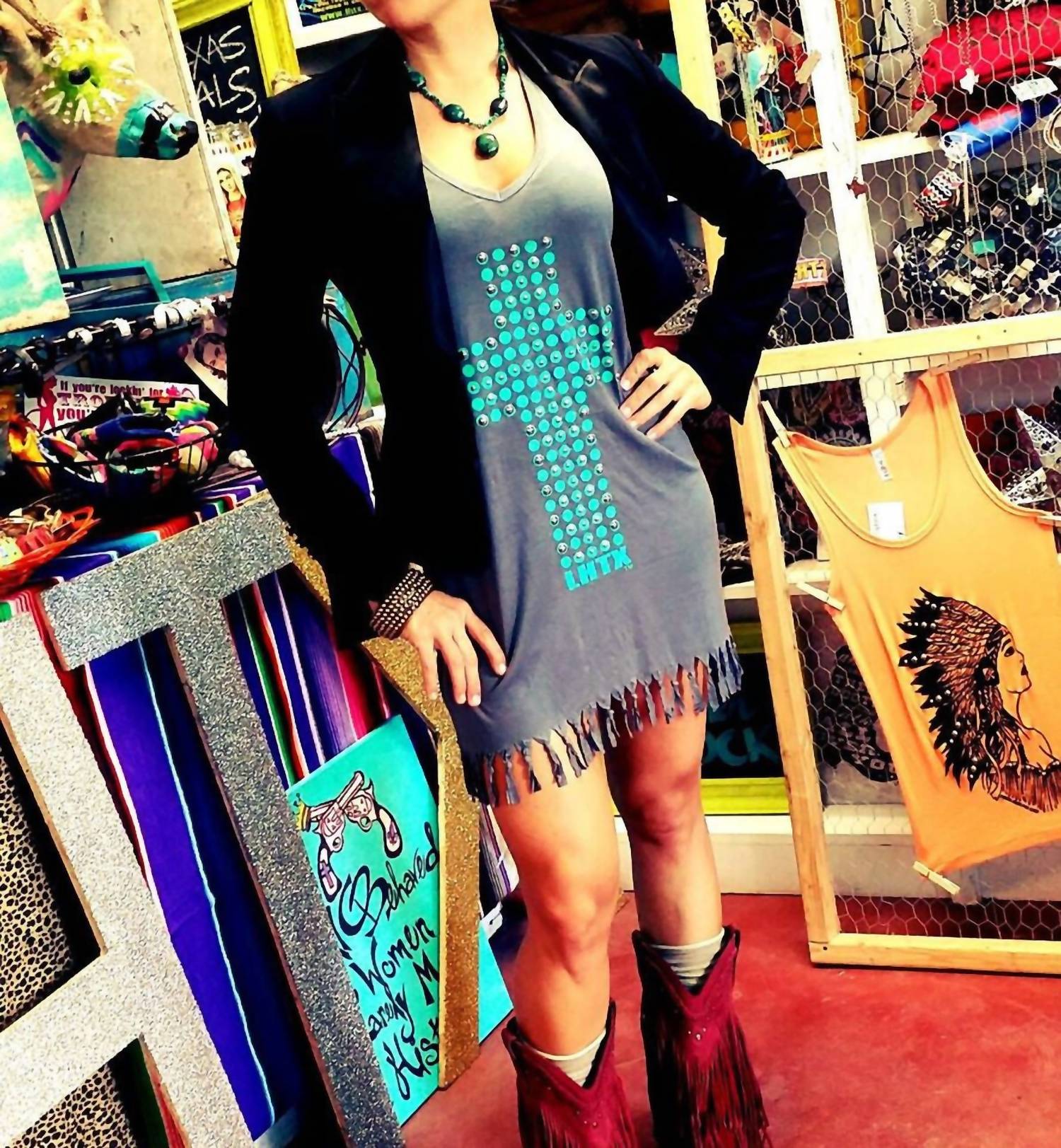 LHTX Cross & Fringe Dress in grey multi - women's dress - detail view