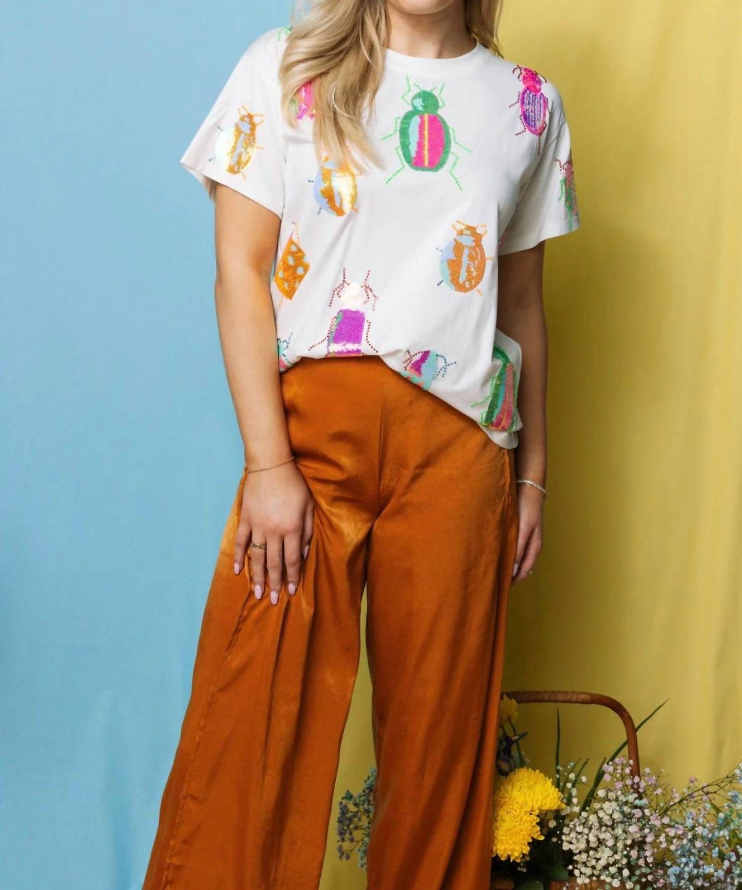 QUEEN OF SPARKLES Scattered Neon Beetle Tee in white - women's t-shirt
