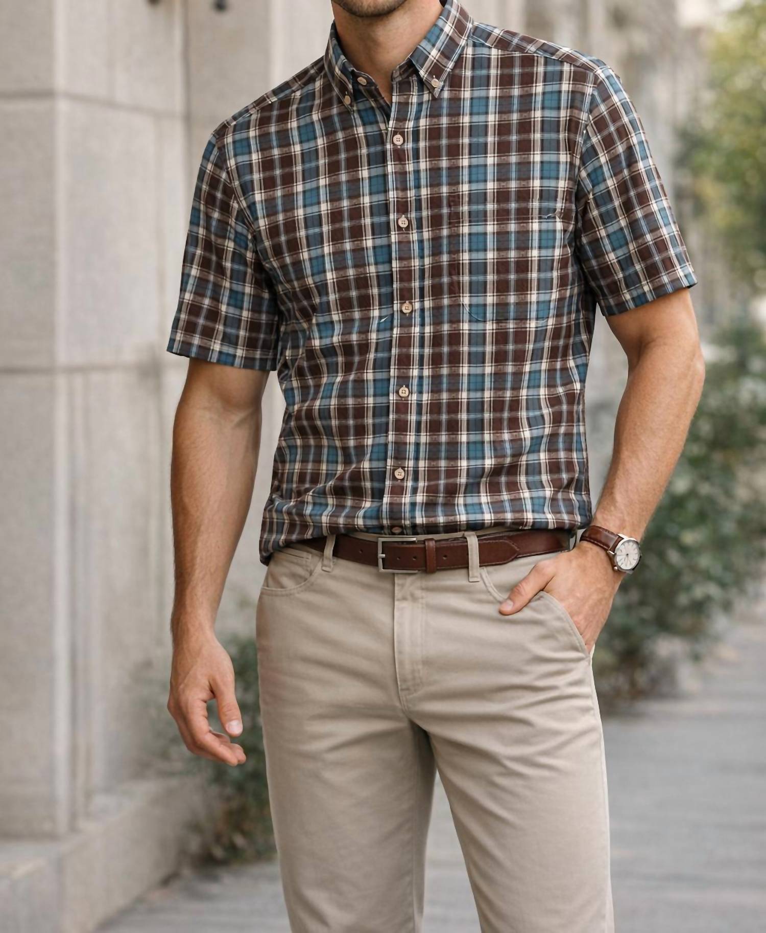R-Options Classic Plaid Short Sleeve Button Down Shirt in multi color - men's t-shirt - detail view
