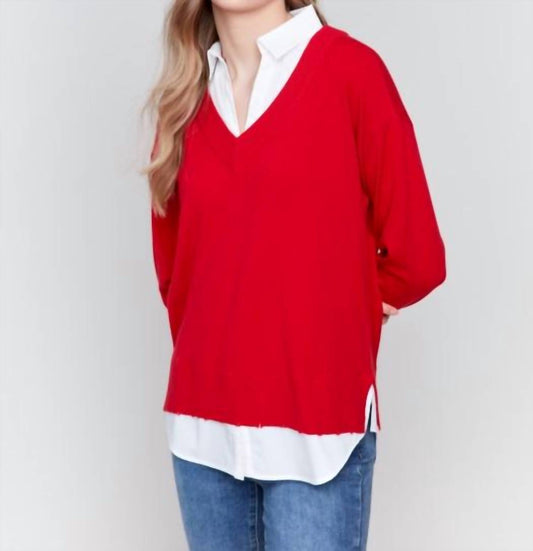 Charlie B - C2568R-464A - Plushy Knit and Poplin 2-fer Top