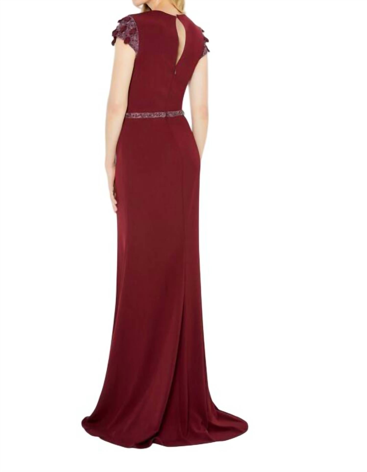 Montage by Mon Cheri Front Slit Cap Sleeve Dress in wine - women's dress - detail view