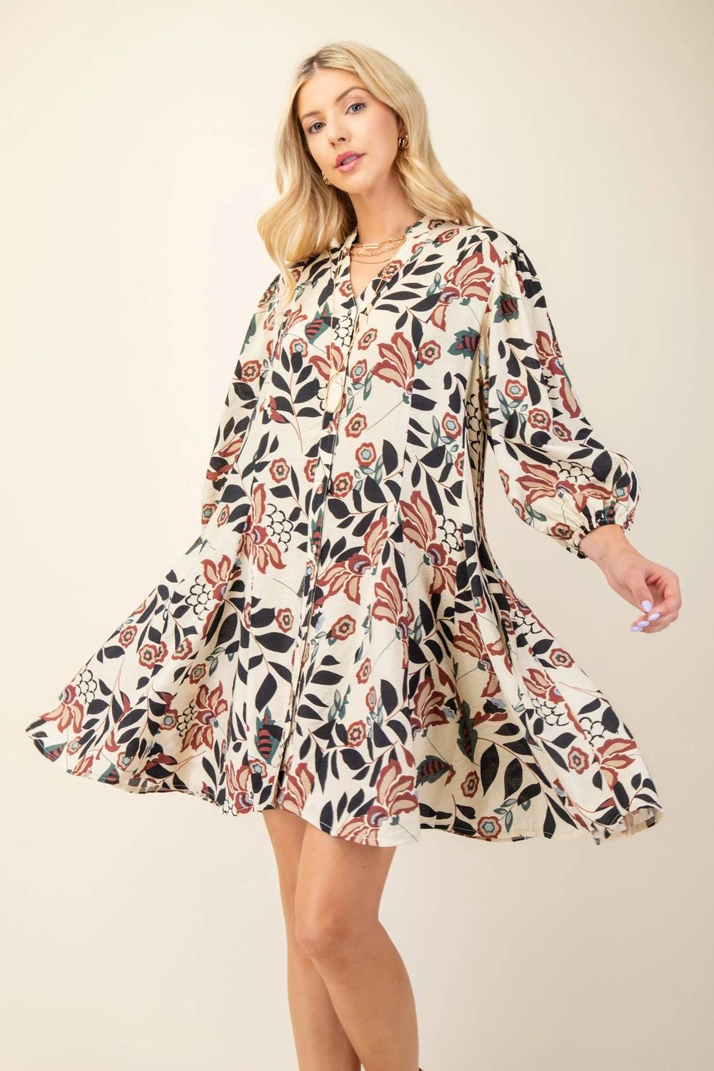 Gigio - Rachel Floral Print 3/4 Sleeve Shirt Dress