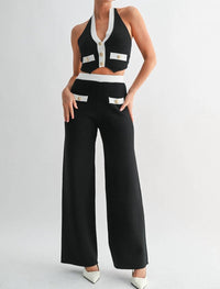 Blithe Faye Contrast Button Halter Set in black - women's sleepwear - detail view