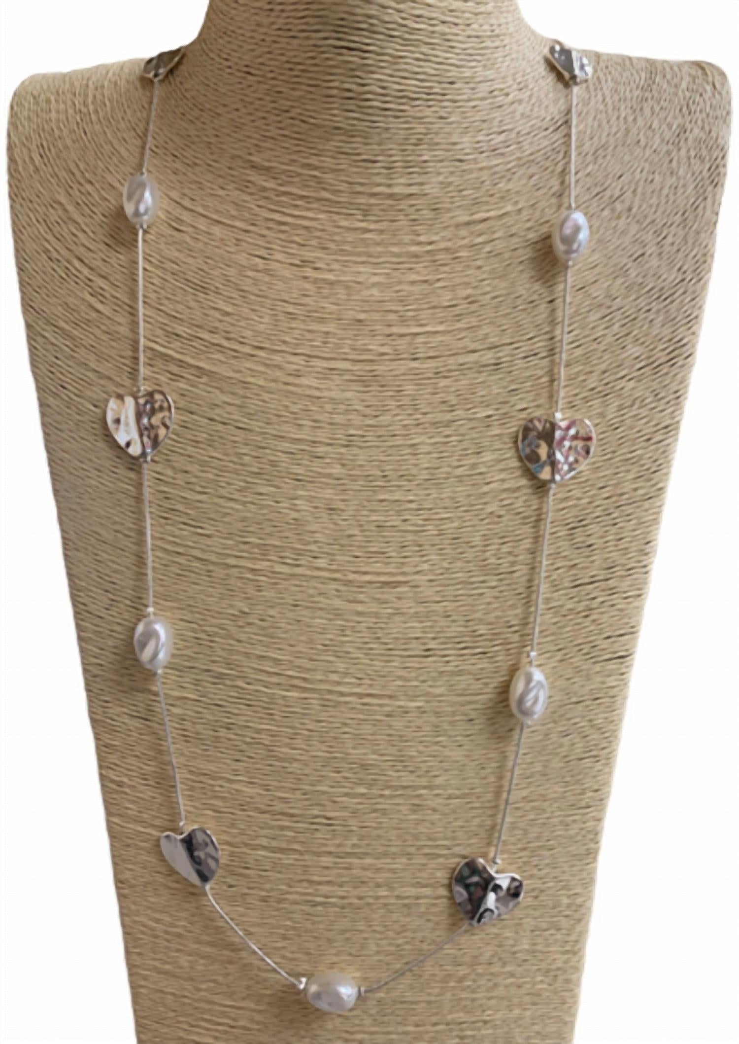 All That Glitterz - Women's Hammered Heart-pearl Necklace