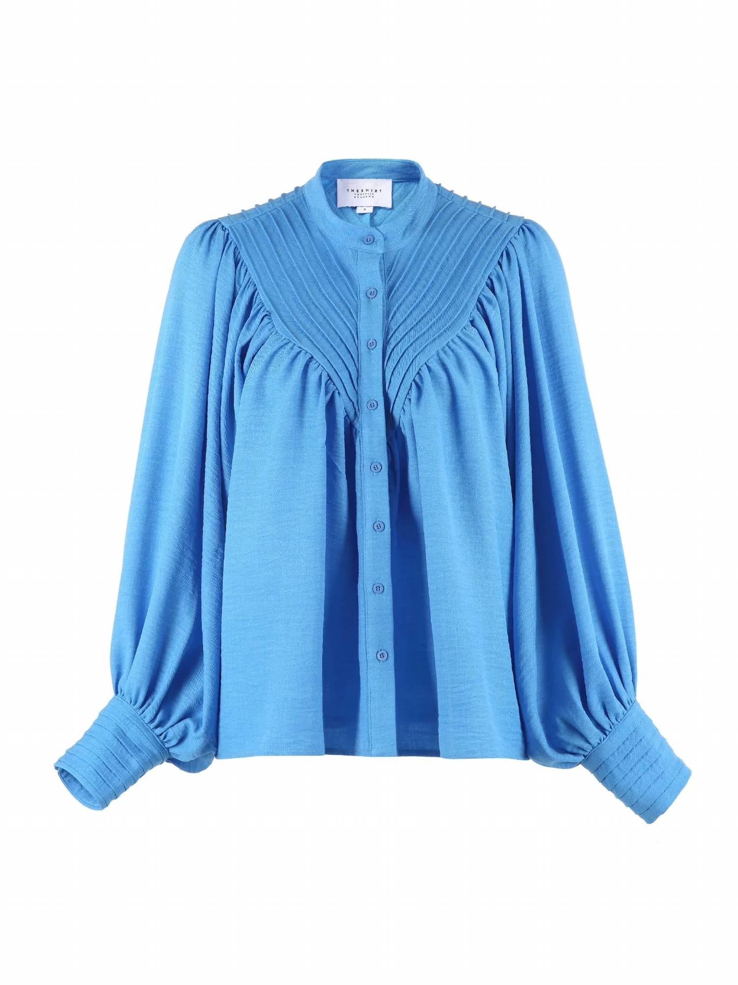 THE SHIRT The Shiv Ruffled Shirt in cornflower blue - women's blouse - alternate view