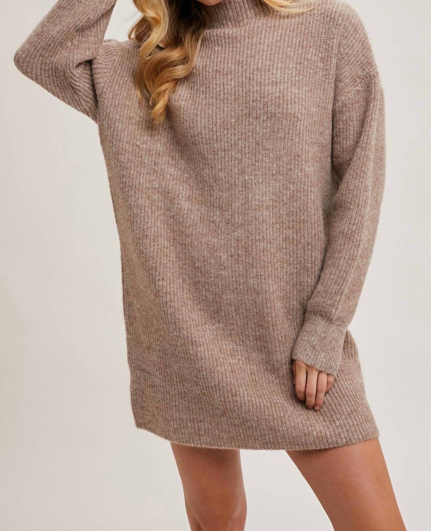 BluIvy Mock Neck Knit Sweater Mini Dress in latte - women's dress - detail view