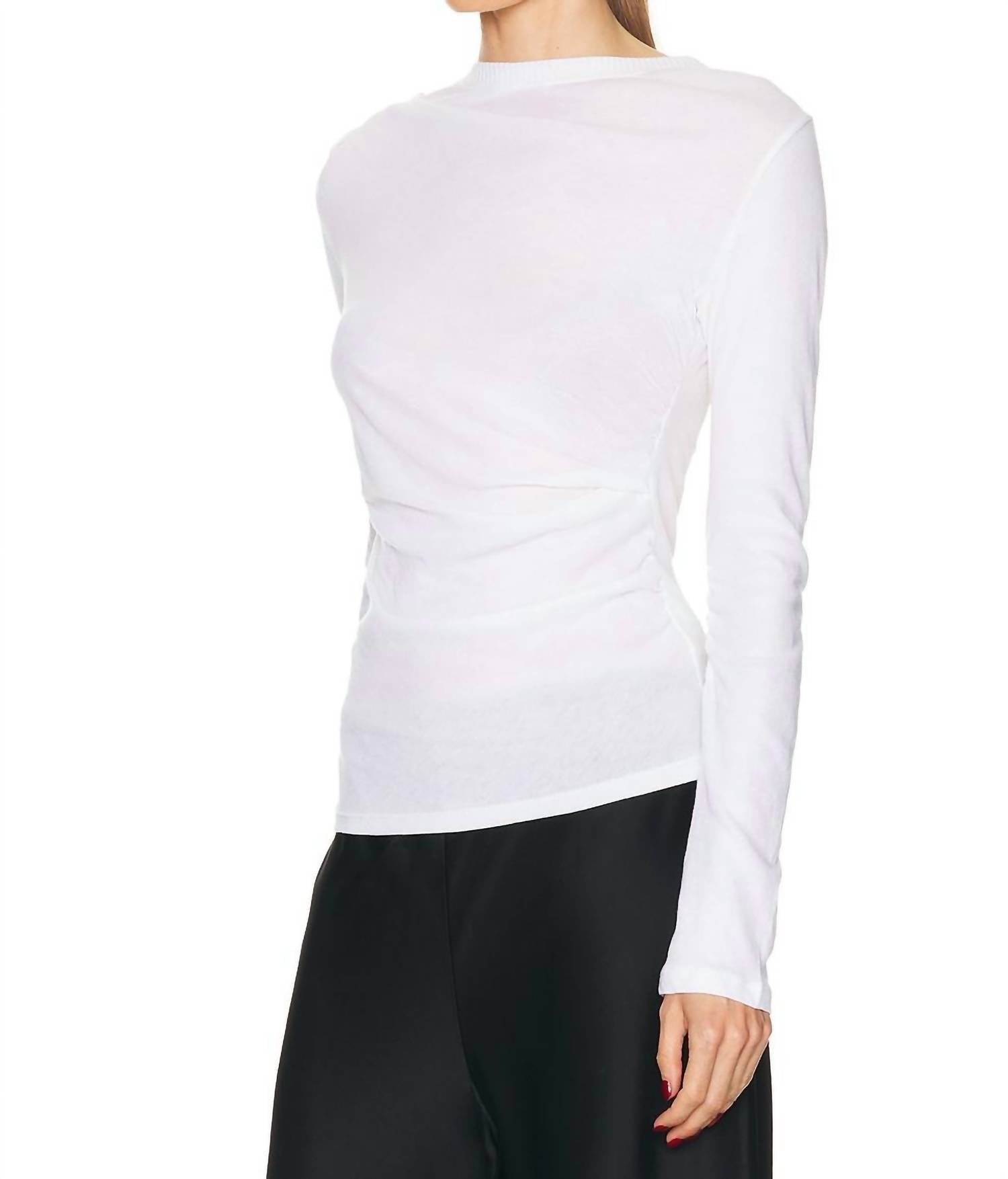 Enza Costa Cashmere Jersey Draped Long Sleeve Crew Top in white - women's long sleeve top - detail view