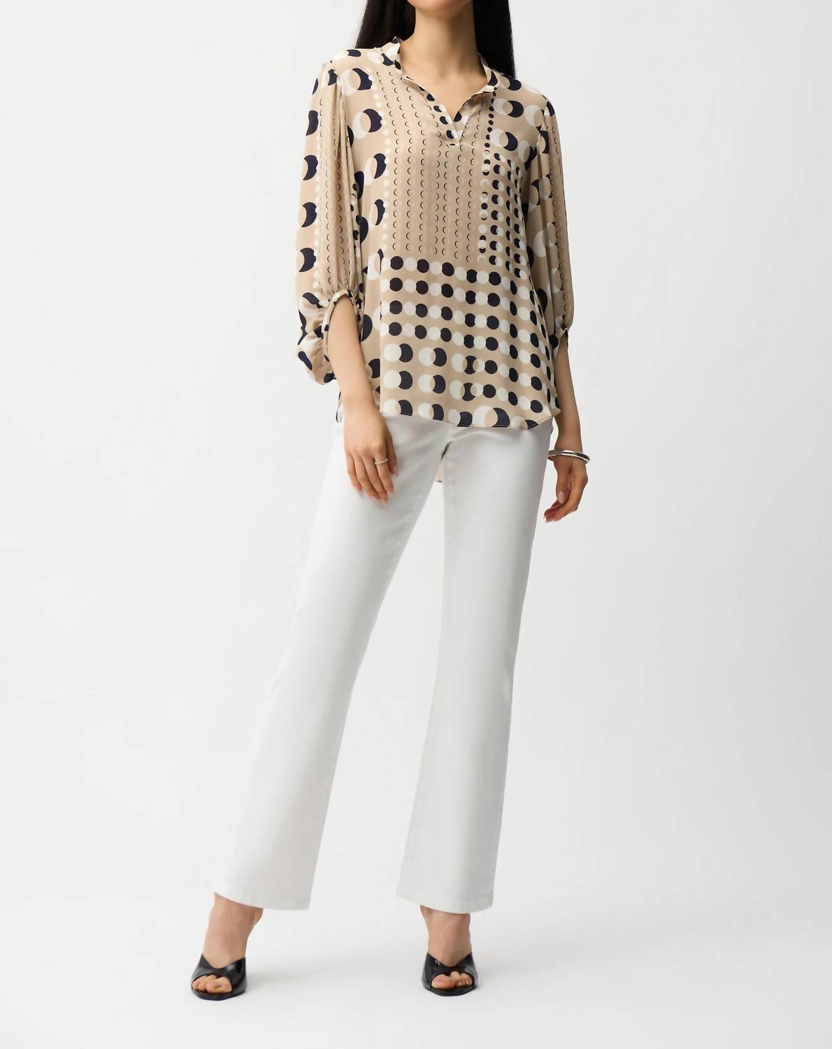 Joseph Ribkoff Recycled Georgette Dot Print Tunic Top in beige black - women's shirt - alternate view