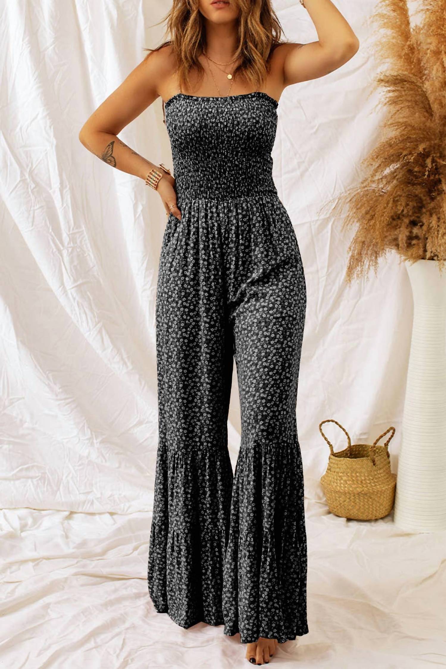 Little Daisy Closet - Straps Smocked Bodice Wide Leg Floral Jumpsuit