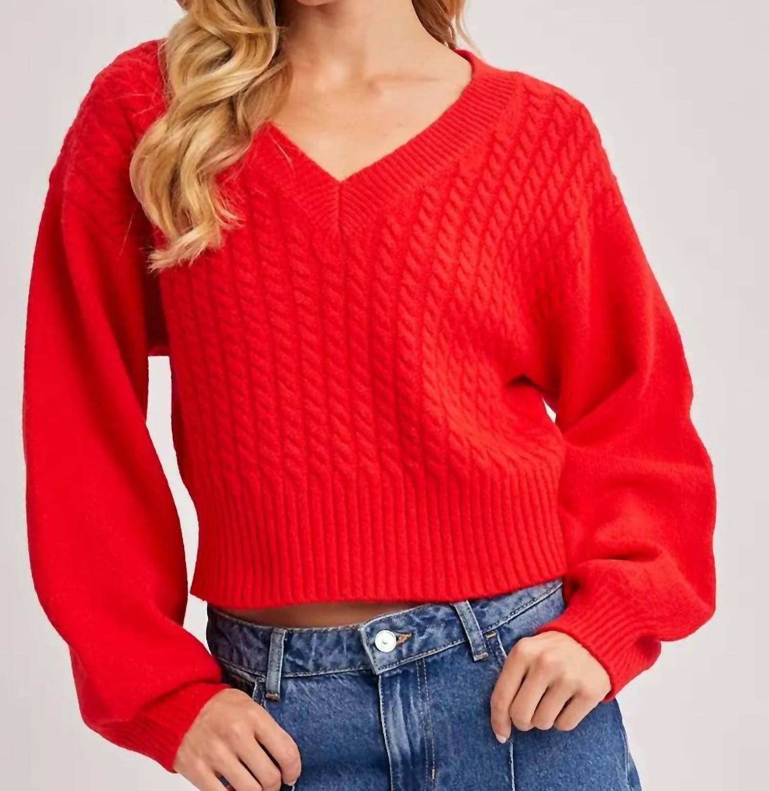 BluIvy Cropped V-Neck Cable Knit Sweater in ruby - women's cardigan - view 4