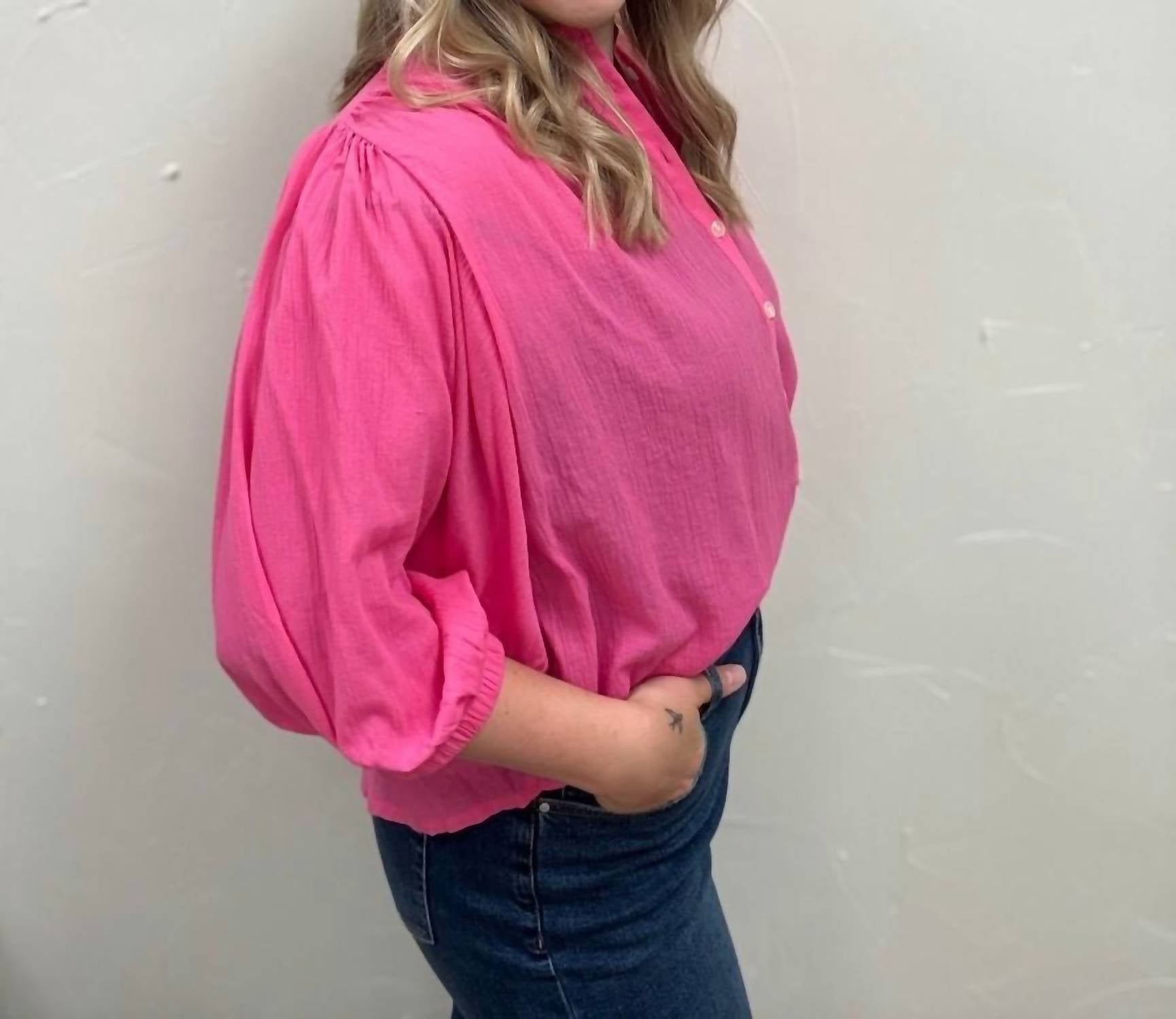 WISHLIST Button Up Peasant Blouse in hibiscus - women's blouse - detail view
