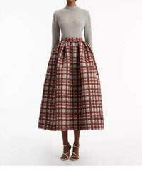 Oscar de la Renta Textured Plaid Printed Circle Skirt in burgundy - women's skirt - view 4