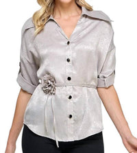 Pastel Design - Liz Button-Down Blouse with Rosette Sash